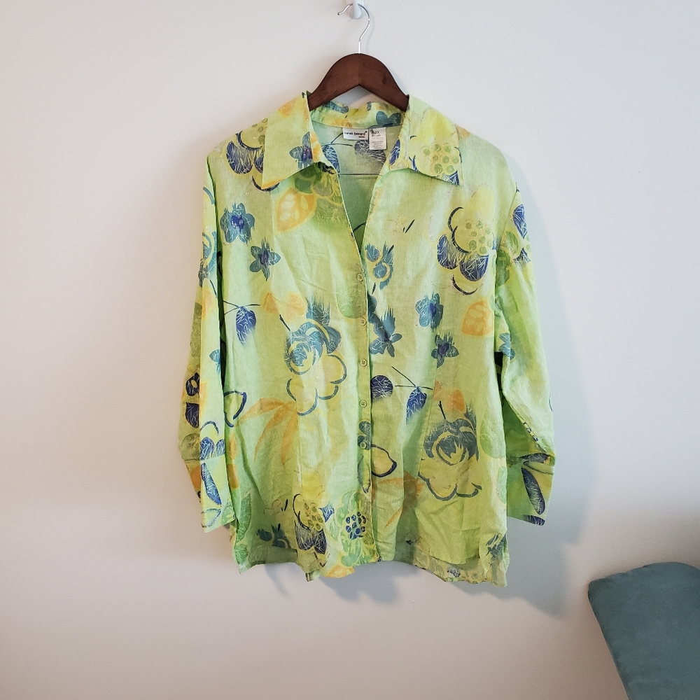 Harve Benard floral linen blend button down blouse green blue pattern size 2X